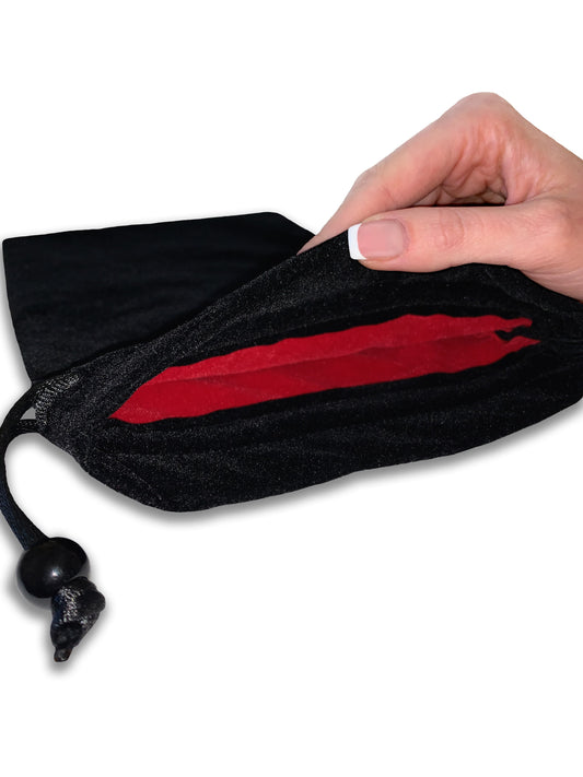 EFENDIZ Black velvet drawstring pouch, red velvet lining Inside 7.6 x 10.6 in; 11 x 13.5 in